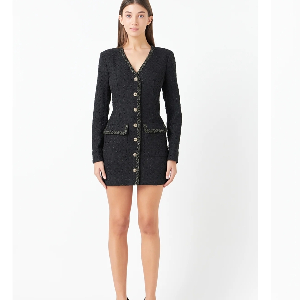 Endless Rose Long Sleeve Tweed Mini Button-Down Dress